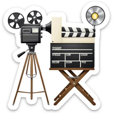 Icon for Directing: a director's chair, a film clapperboard, large movie camera, vintage megaphone and a stage with a spotlight. The icon should represent the creative and organizational aspects of directing, with focus on storytelling, staging, and performance. Transparent background. sticker