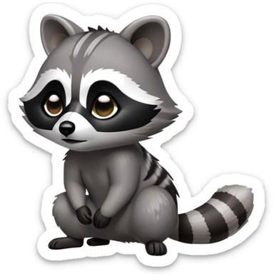 Cinematic-cute Raccoon-Realistic-hunched Full-Body on all fours-Emoji – Tail flicking lazily, head tilted dramatically, thick grey fur with a signature black mask, sharp and alert ears, simplified yet realistic focused features, highly detailed, glowing with an almost sarcastic glow. big black eyes sticker