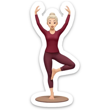 A serene woman practicing the Tree Pose (Vrksasana), embodying stability with two feet on ground and with dark wine red clothes sticker