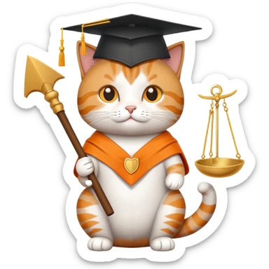 cat with a graduation cap, scales of justice beside it sticker