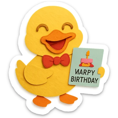 laughing duck with bowtie holding birthday card sticker