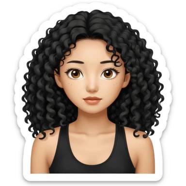 Korean woman with black cute long curly hair  with a black top tank with long lashes sticker
