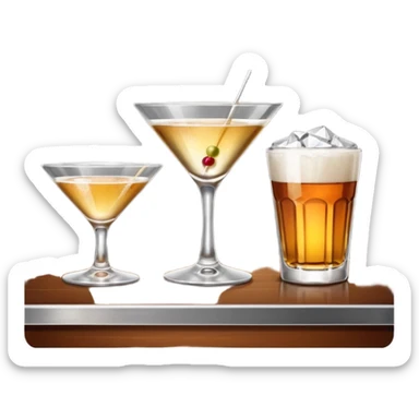 Bar counter with martini glass, beer glass, and whiskey glass lined up sticker
