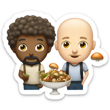 Bald white man with beard and curly haired Filipino eating mushrooms sticker