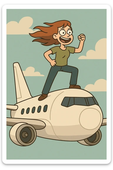 a girl standing triumphantly on top of an airplane, wind blowing her hair, cartoon style sticker