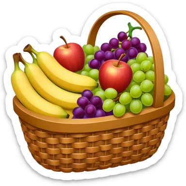 A wicker basket filled with apples, grapes, and bananas.






































 sticker