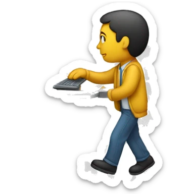 A person is walking while working on a computer, very busy. sticker