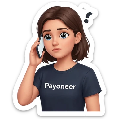 Girl looking at her phone with wondering face and a question mark wearing dark tshirt with payoneer written on it not a logo, just a word in the same font as on logo sticker