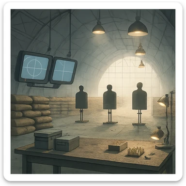 an indoor target range, inside a blimp hangar, monitor screens, sandbags, mechanical target stands with silhouette, overhead lights, blast marks on the floor, sandbags, firing range table set with ammo boxes, large work lamps, atmospheric perspective sticker