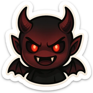 devil emoji in chibi style with gothic palette black and crimson, sharp fangs, glowing eyes, dramatic shadows sticker