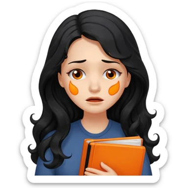 Long Hair Women with orrange Book, Black wavy hair, sad, crying

 sticker