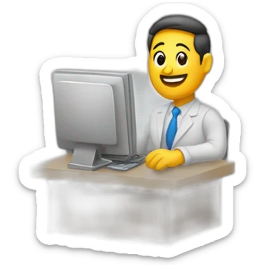 dueño de negocio hablando con clientes y una computadora sticker