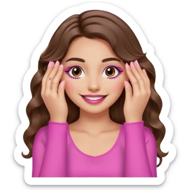 girl with long wavy brown hair, brown eyes, long lashes, sexy pink lips, light to medium complexion, wearing a pink sexy top, smiling, hands covering over the eyes sticker