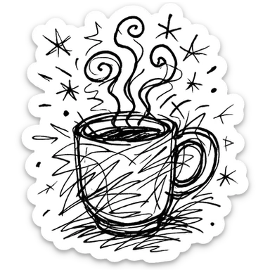 chaotic outlined icon of a coffee cup with erratic steam and scribbled lines sticker