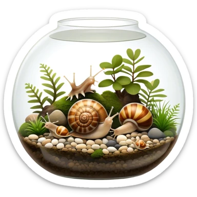 A collection of various snails and mollusks inside a big, lush terrarium with plants and moss. Some snails are crawling along the glass while others rest on pebbles. The scene is serene with soft lighting, showcasing the natural beauty of the mollusks. Transparent background. sticker