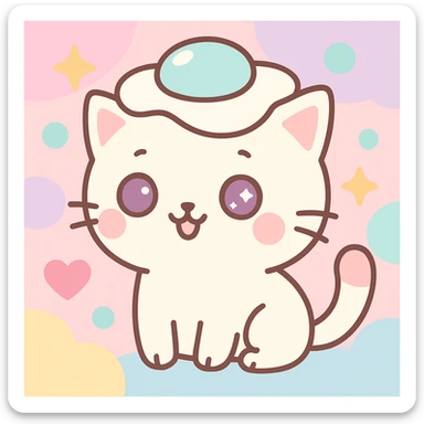 Add a playful, colorful background behind the cute cat with a fried egg hat, in kawaii style. sticker