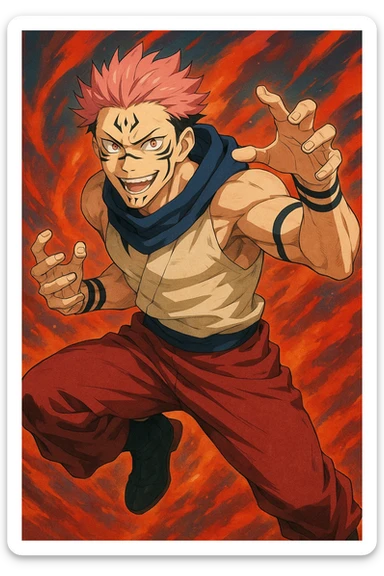 Sukuna character inspired by anime style, visual interpretation 4, detailed, dynamic pose, vibrant colors sticker