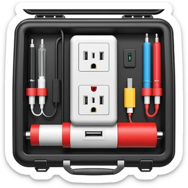 An open black hard-shell test case, inside: a power outlet, USB port, and colored test sockets. A large roll of white test labels lies next to the equipment, along with a red test probe. sticker