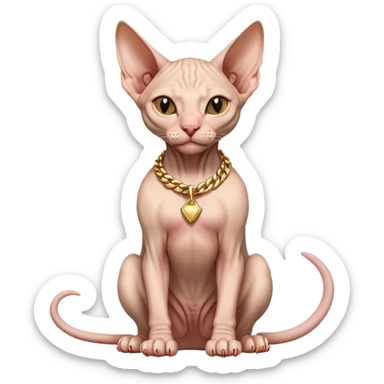 hairless Sphynx cat full body sitting, wearing a gold chain, winking sticker