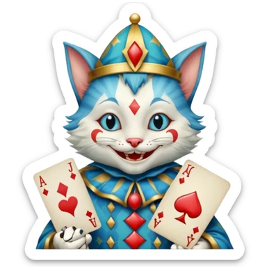 crazy colorful cute little cat jolly joker from poker, medieval, vintage, court jester, mac os icon, blue color, holds poker cards sticker