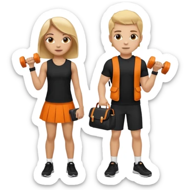 light skin students girl and boy with school bag full of books on hand and dumbell in other hand. Clothes are in black and orange colours. They are going to the gym. They have brown and blonde hair. Dumbell is visible in hand. They are teaching about sport sticker