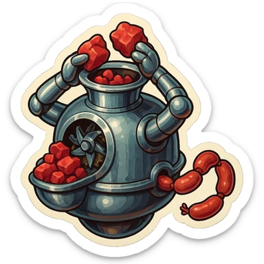 hovering robot. stuffs material into large hole on its top with arms. hole is where neck and head would be. spinning gears and blades  grind red chunks. sausage links come our of hole on backside.  3/4 view. between realism and cartoon. well lit. no dramatic lighting. metallic robot. works diligently. dark humor sticker