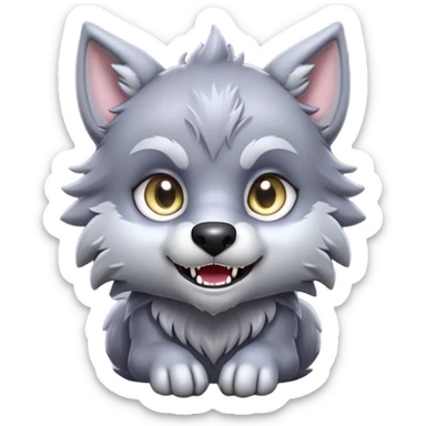 Cinematic Cute Werewolf Portrait Emoji, with a cuddly, miniature lupine form in soft moonlit grays and silvers, featuring oversized sparkling eyes and a sweet, endearing snarl, simplified yet irresistibly adorable, highly detailed with a gentle glowing outline that captures the playful, heartwarming essence of a little werewolf! sticker