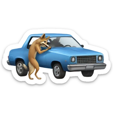 A coyote playing with a car sticker