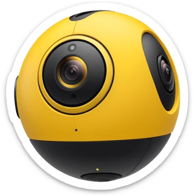 Insta360 camera emoji, angled from below, yellow and black, dynamic perspective sticker