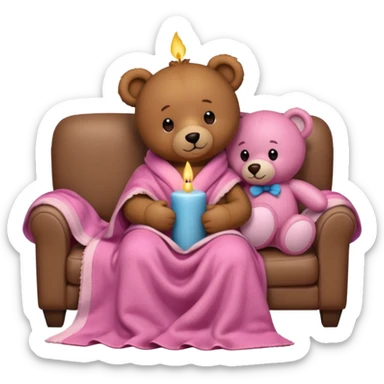 Brown teddy bear cuddling with a pink teddy bear wrapped in a blanket watching tv on couch with candles next to them sticker