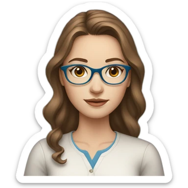 young white woman, brown hair, blue eyes, wearing glasses, drawing on an ipad sticker