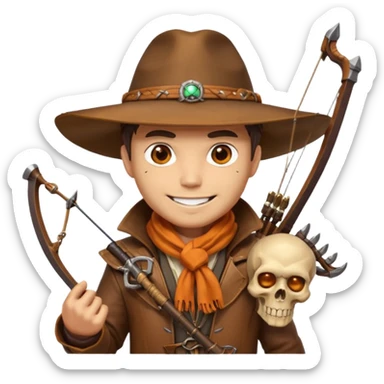 male human monster hunter emoji, wearing brown leather coat and wide hat, holding crossbow, with amulet shaped like skull, Halloween fantasy theme, confident smile, orange scarf, Apple emoji style, clean white background, square image sticker