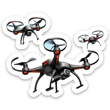 An icon showing a racing quadcopter drone in the foreground, flying at high speed through a course filled with obstacles and checkpoints. Other drones zoom in the background over a dynamic landscape. Transparent background highlights the thrill and precision of drone racing. sticker