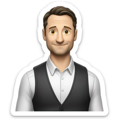 tim robinson dark black slicked back hair white long sleeve waffle shirt with a light grey vest sticker