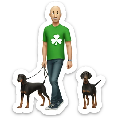 Bald guy wearing shamrock shirt walking a Doberman  sticker
