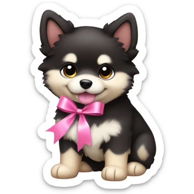 One black and beige pomsky puppy with a pink ribbon in his heac sticker