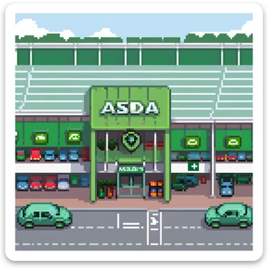 Isometric view of an ASDA supermarket building with green signage, large glass entrance, shopping trolleys bay, and car park with British cars sticker