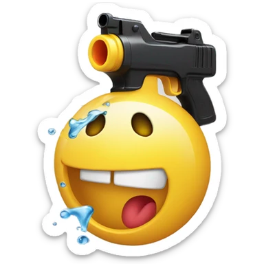 Smiling emoji with a black plastic water pistol pointed into its mouth sticker