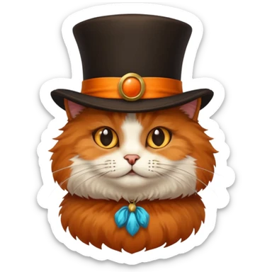 fluffy cat with orange, black, and brown fur, wearing a brown tophat sticker