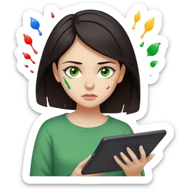 emoji holding and drawing on tablet using a stylus, looking down at screen in frustration, female, dark hair, green eyes, screen slightly visible with splashes of color like a paint palette  sticker