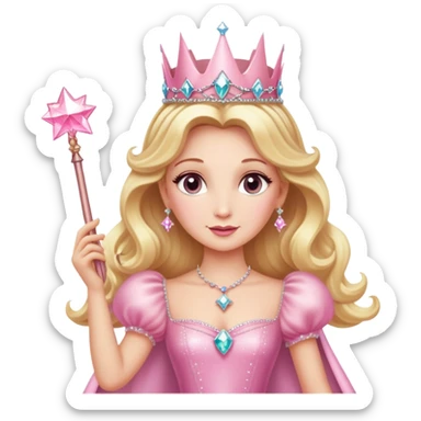 Glinda the Good Witch with blonde hair, sparkly crown, pink puffy dress, and magic wand sticker
