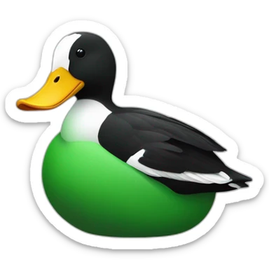 A green duck sitting on top of a black and white badger sticker