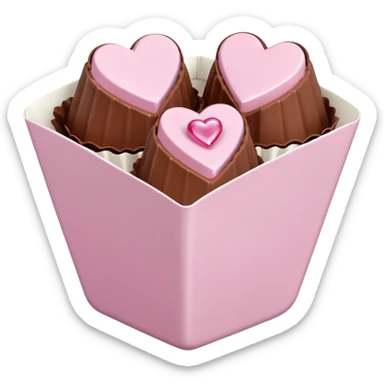 Two sharp-edged square milk chocolate pralines placed diagonally, each in a white fluted paper candy cup, with smooth glossy coating.
Flat thin pastel pink heart icing centered on top with subtle sugar crystal sparkle, clean studio lighting, pure white background, realistic minimal emoji-styleใ sticker