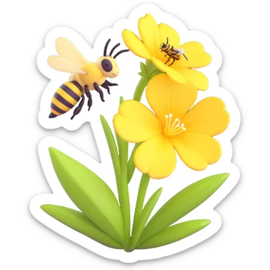 evening primrose and bee, modern 3D iOS style, emphasis on volume, light and shadow, brightness, clean background sticker