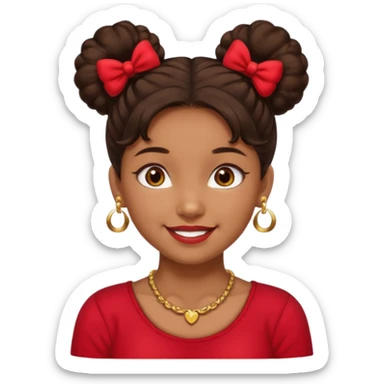 Brownskin girl dark brown hair fluffy.Two buns with red bows brown eyes smiling closed mouth red shirt gold esrrings gold necklace sticker