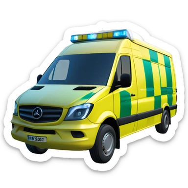 NHS Mercedez sprinter ambulance, yellow body, with green and yellow checkerboard strip along the bottom. NHS logo on the side. Blue flashing light strip on top. Black small window on side. sticker
