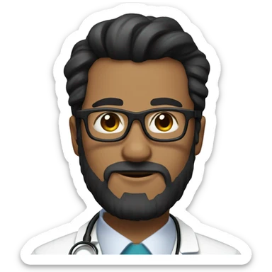 male doctor with full short beard, has black hair in a short ponytail and wears black glasses sticker