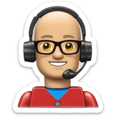LEGO customer service bald men with headset with red shirt sticker