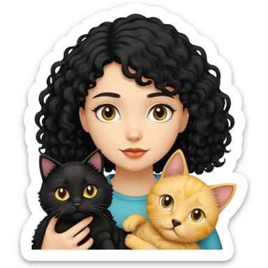 A black long-haired girl holding a black cat, a yellow short-haired cat and a curly-haired dog sticker