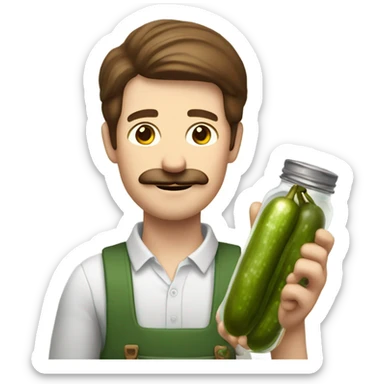 White man with brown hair and a mustache, holding a jar of pickles sticker